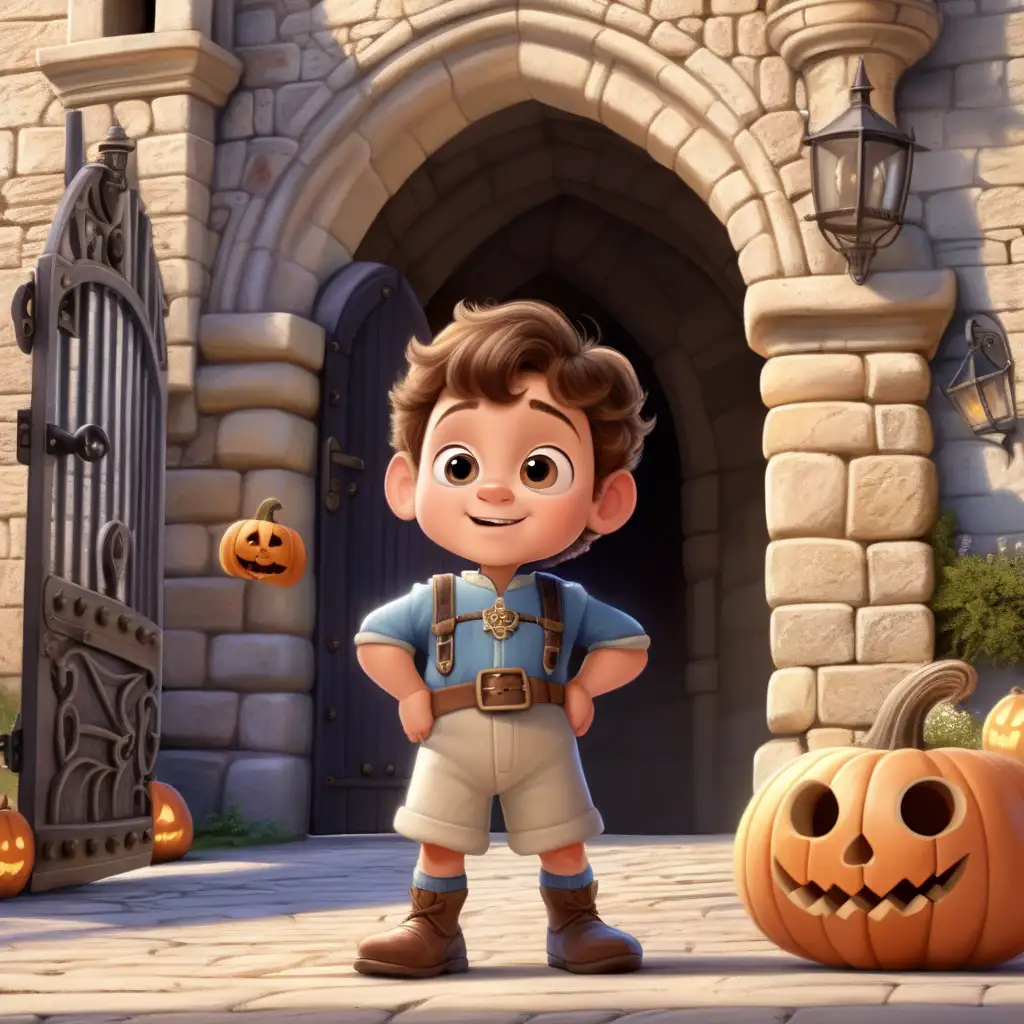 Curious Young Prince at Medieval Castle Gate with Halloween Decoration