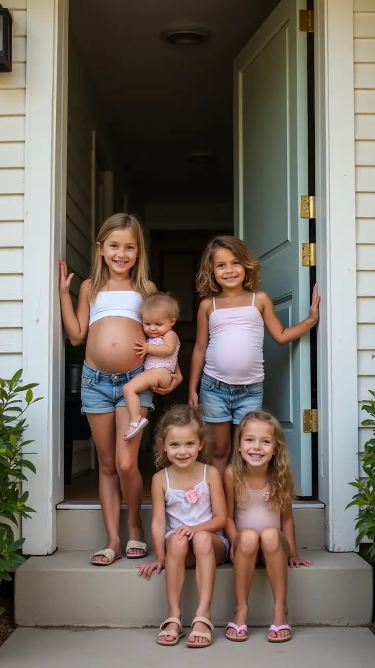 Preteen-Girls-and-Toddlers-in-Apartment-Doorway-with-Pregnant-Bellies