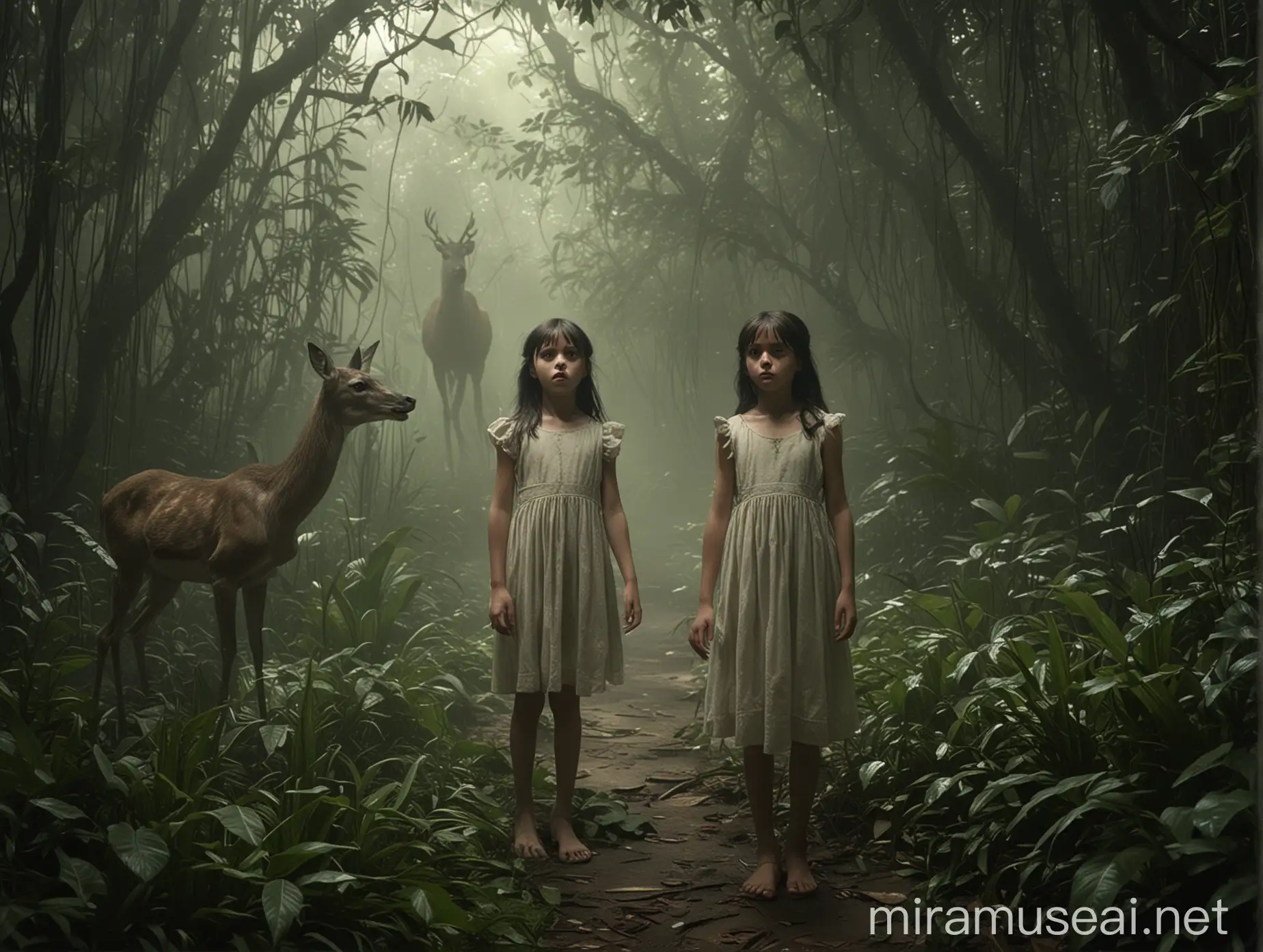 Frightened Girl in Mysterious Jungle with Shadowy Deer