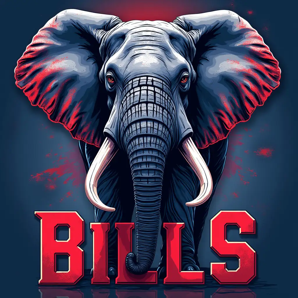 create a Buffalo Bills theme with a majestic elephant highly detailed in 300 dpi, add the Buffalo Bills logo, typography 'Buffalo Bills', add  clock numbers, add color for depth, add the elephant to the background