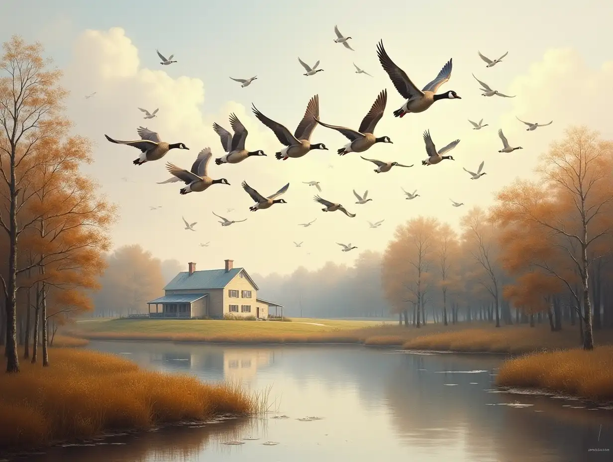 Scenic Painting of Geese Flying over Farmhouse and Pond