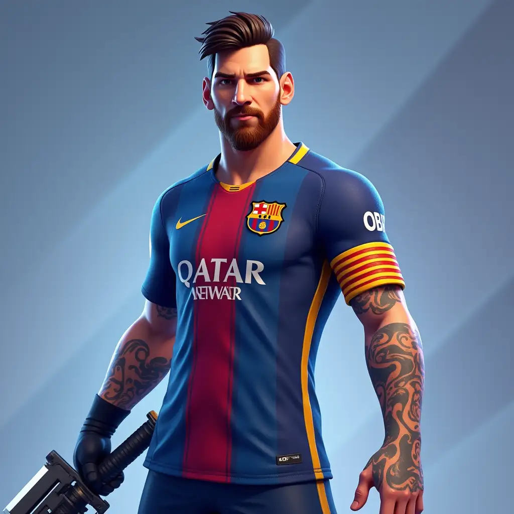 A Fortnite skin with a weapon in hand representing Lionel Messi