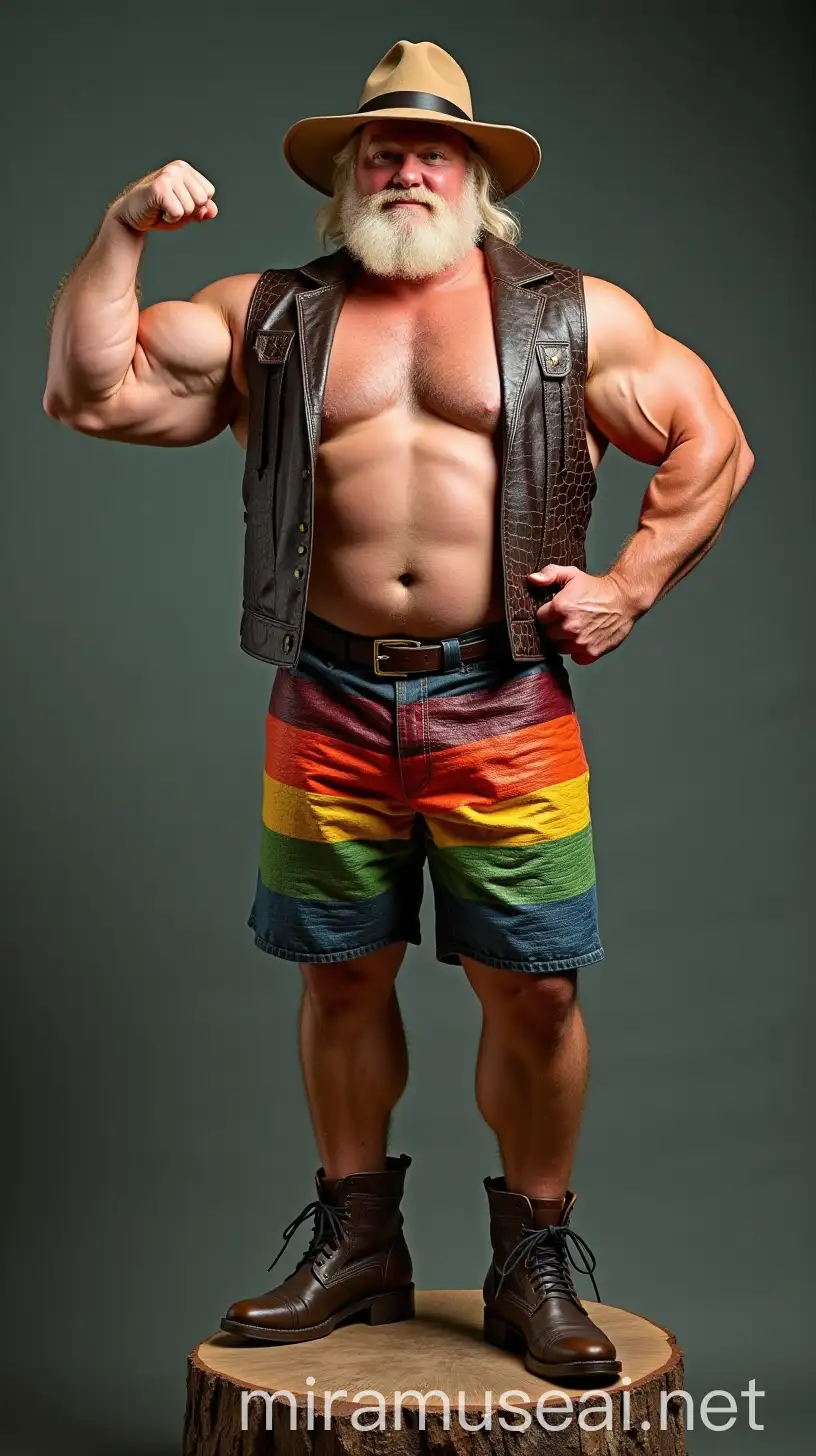 Muscular Bodybuilder in Rainbow Leather Shorts Flexing on Stump