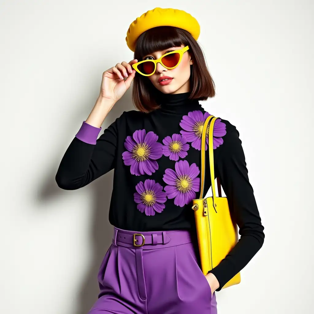 Chic-HighFashion-Editorial-Model-in-Vibrant-Yellow-Beret-and-Floral-Ensemble