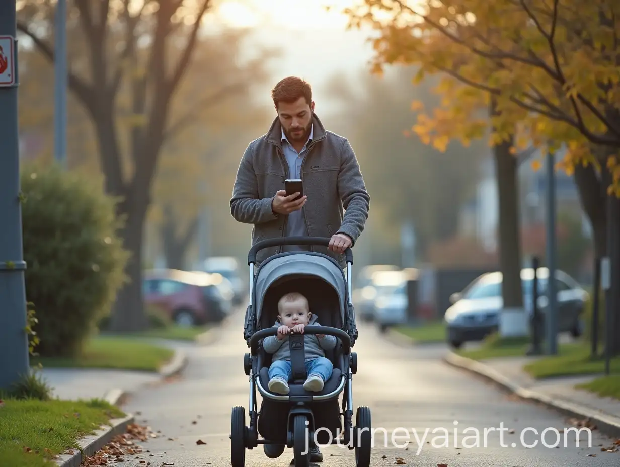 Father-Walking-with-Stroller-and-Checking-Phone-in-Small-Town