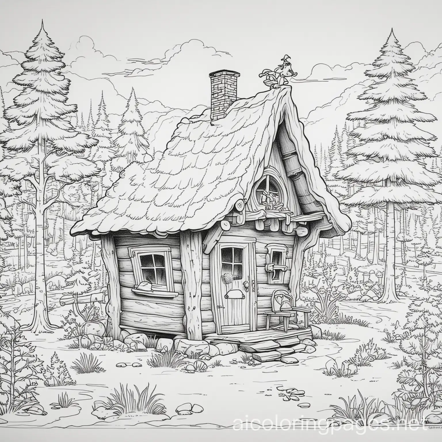 Coloring-Page-of-Trees-and-a-Cabin-with-Smurf-Characters