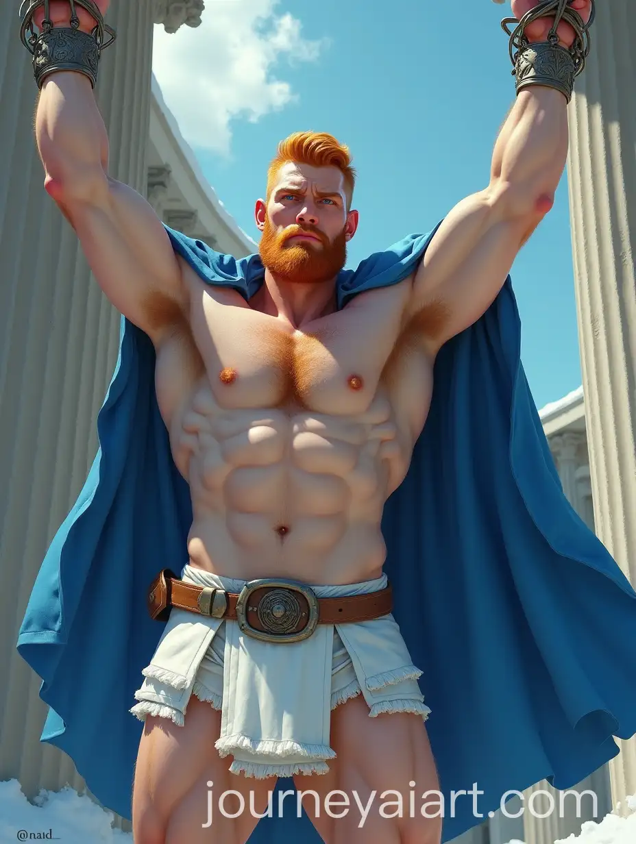 Pale-Ginger-Gladiator-with-Shackled-Arms-and-Blue-Cape-in-Snowy-Setting