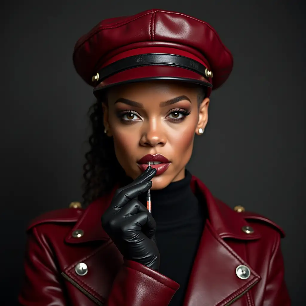 Rihanna-Nurse-Injection-Pose-in-Red-Leather-Motorcycle-Jacket