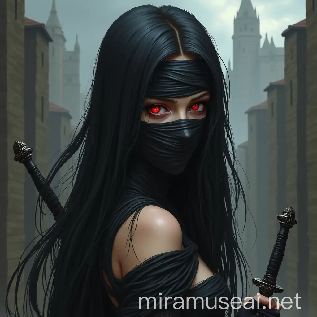 Dark Fantasy Woman with Red Iris and Magic Dagger