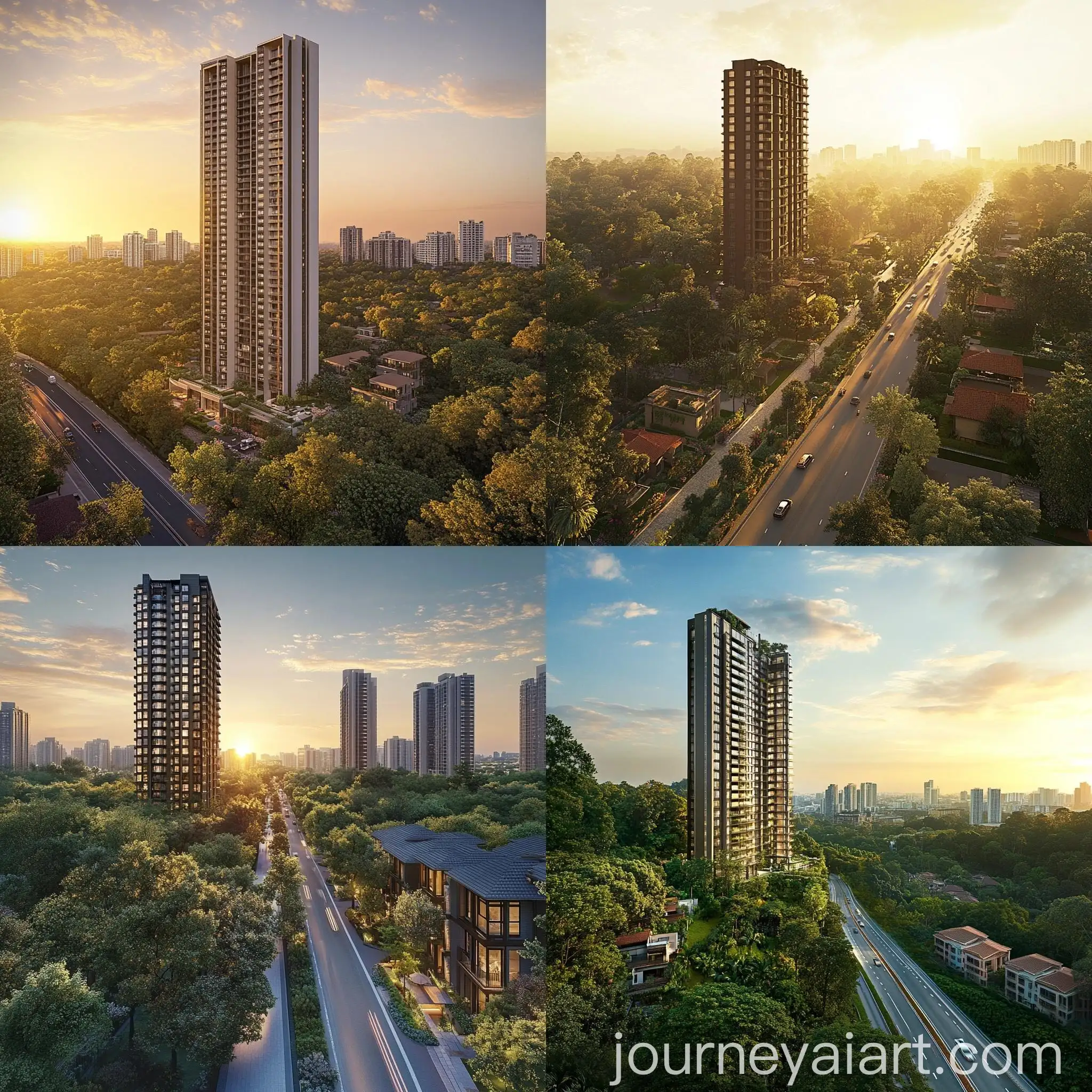 Tranquil-Residential-Area-with-Majestic-Tower-and-Serene-Greenery