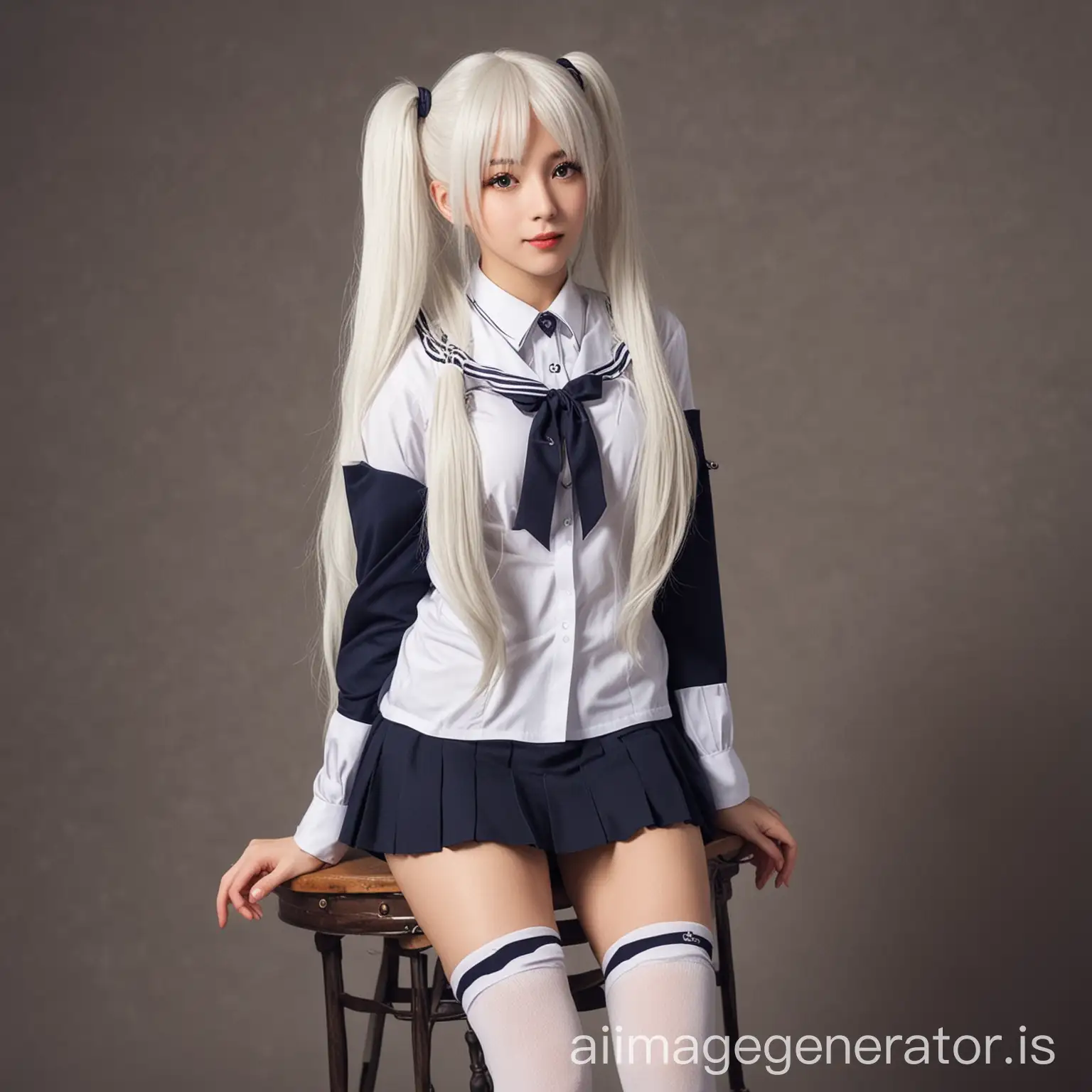 Long long white hair in twin tails, exquisite, JK uniform, over the knee socks, long legs, beautiful