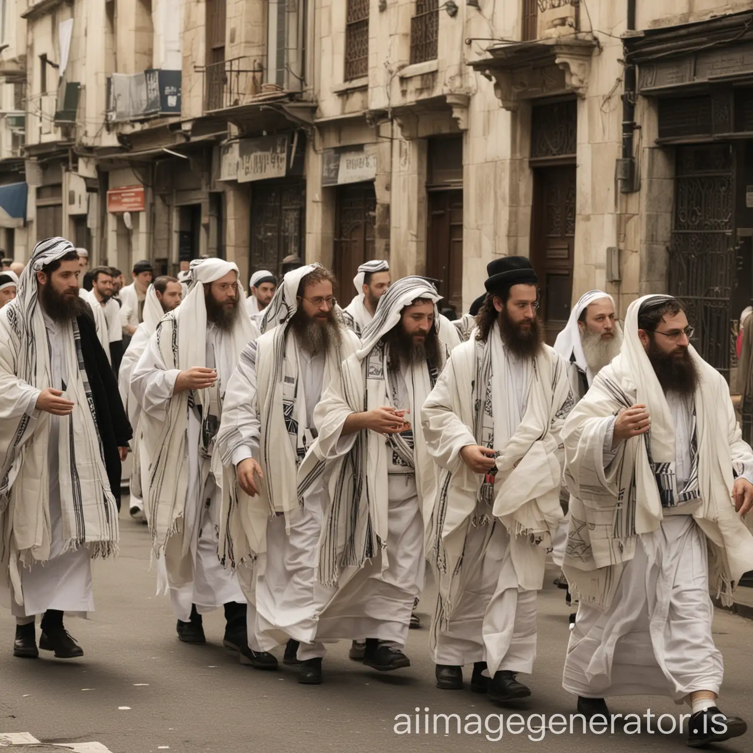 ten Jews wrapped in tallit walking in the street