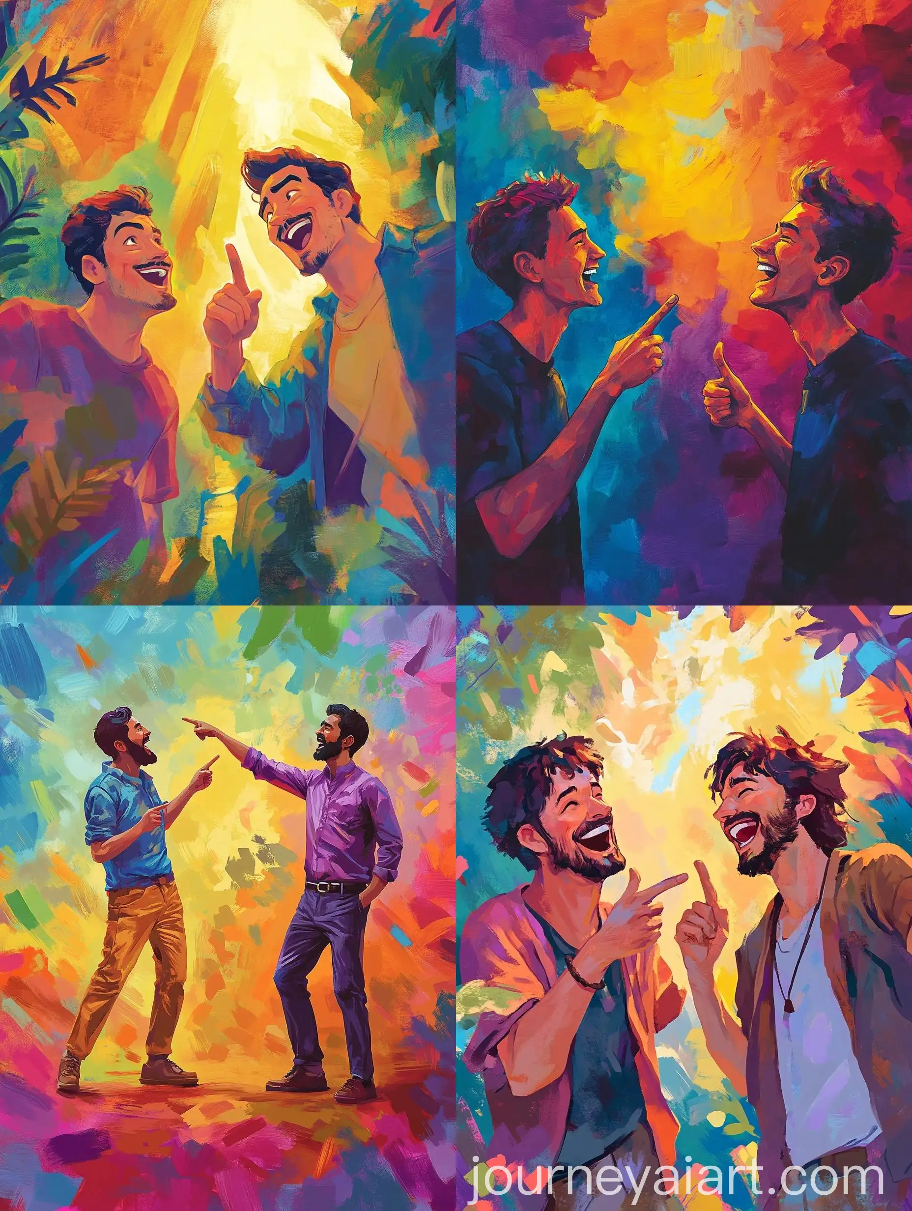 Two-Men-Laughing-and-Pointing-at-Each-Other-in-Dreamy-Magical-Atmosphere