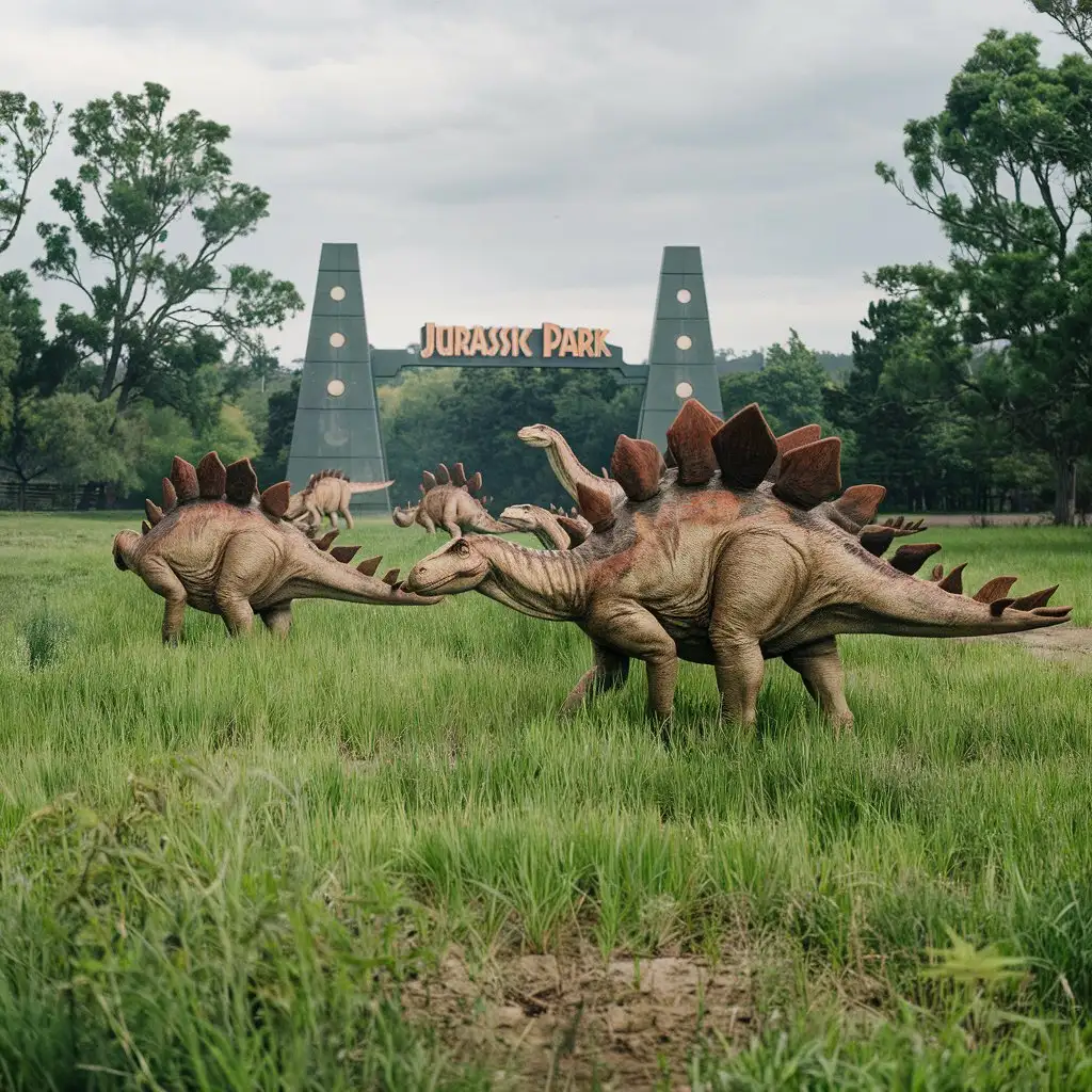 Make a cool picture of a real life looking Stegosaurus dinosaur walking with others like it in a grassy field at Jurassic Park out in the distance.