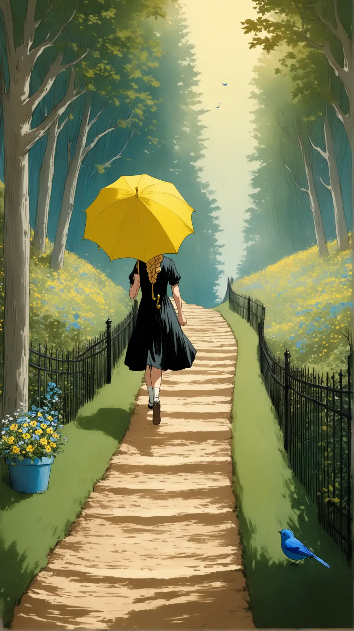 Vintage Teenage Girl with Yellow Umbrella Walking Up Hill Path