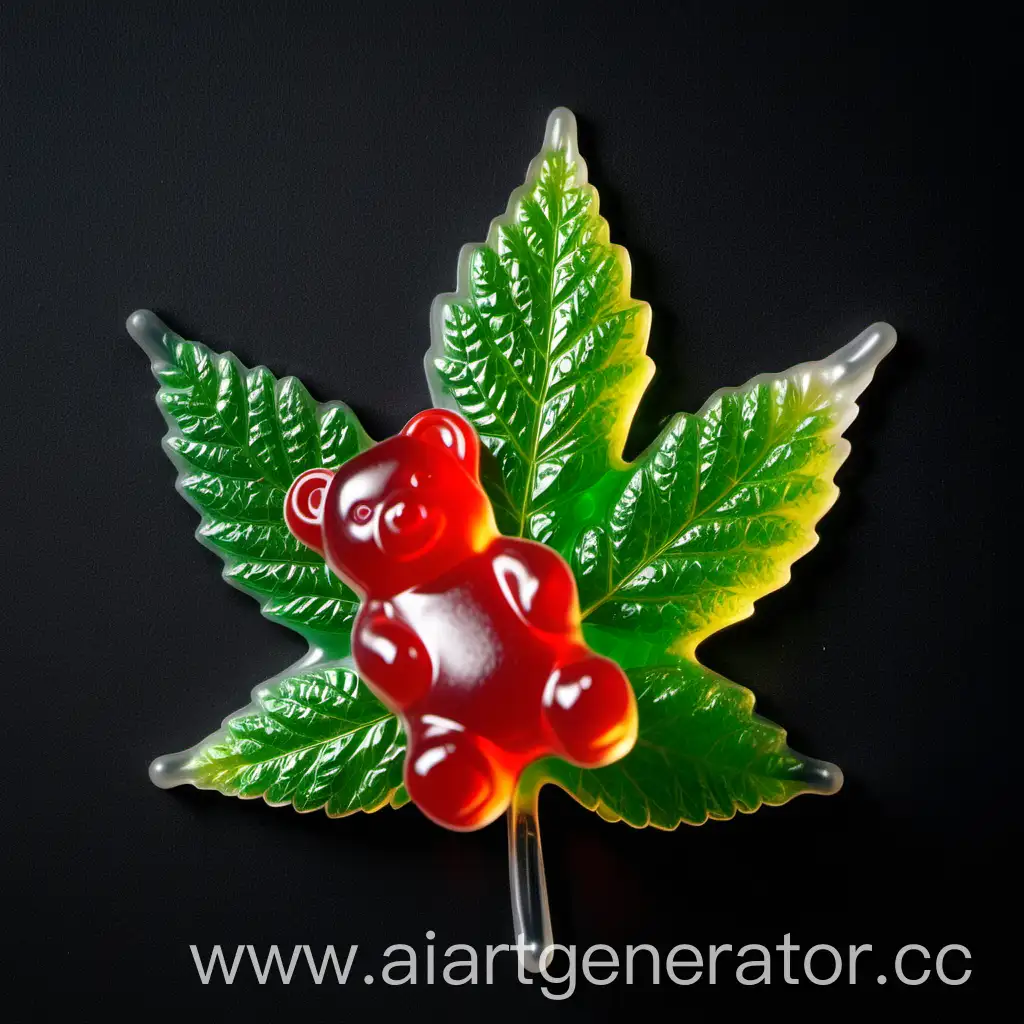 Colorful-Hemp-Leaf-with-Gummy-Bear-in-Bright-Background