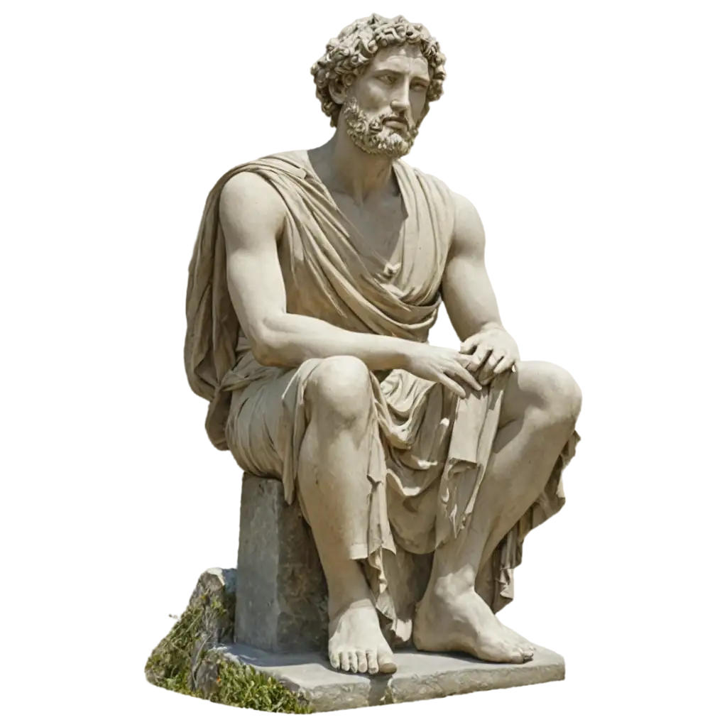 a stoic greek man's statue sitting on a rock