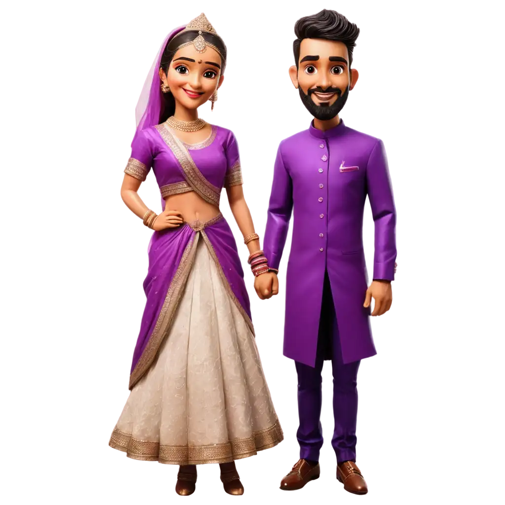 Maharashtrian-Wedding-Caricature-PNG-Bride-and-Groom-Standing-in-Purple-Color