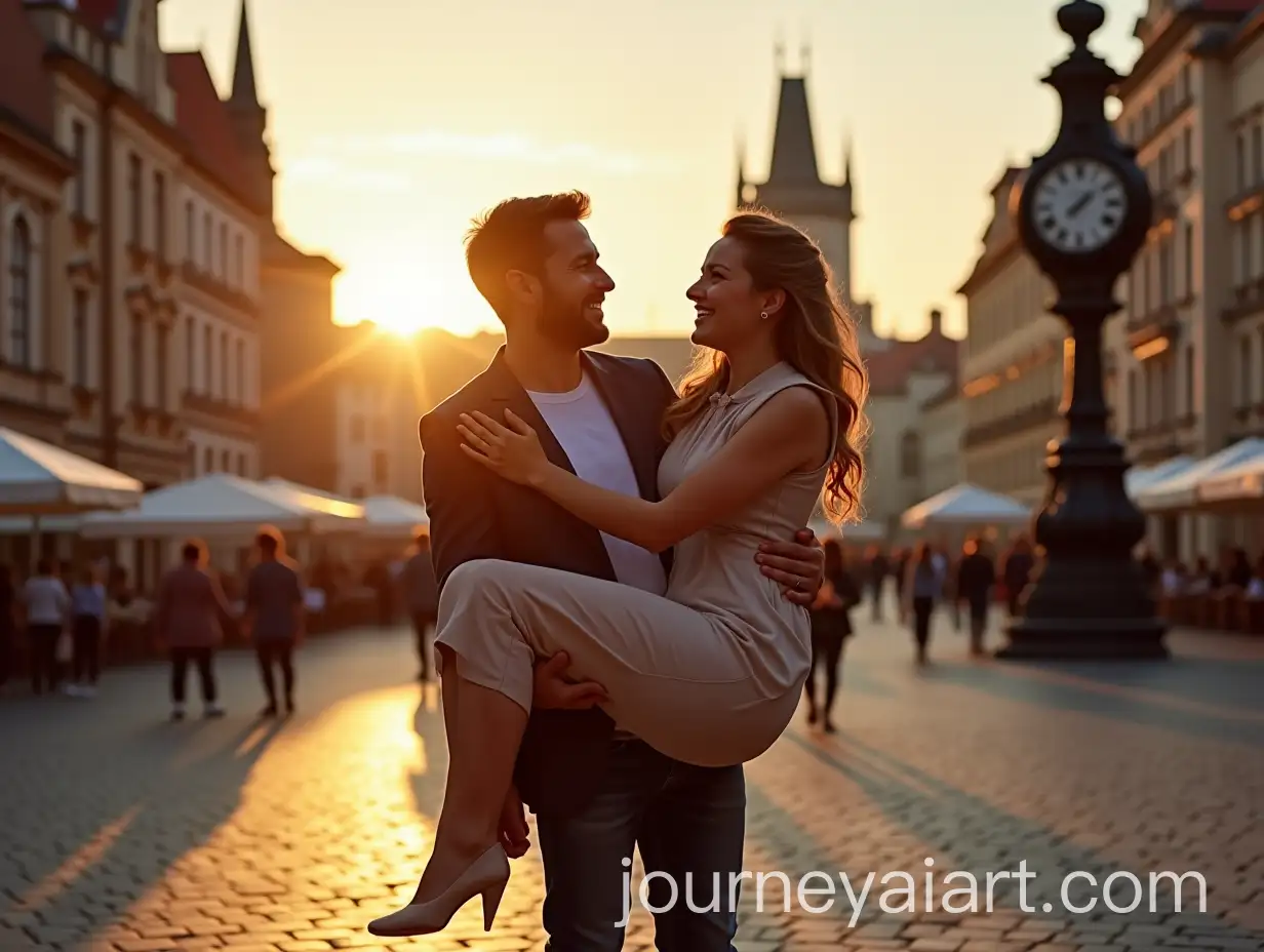 Happy-Couple-Embracing-in-Pragues-Old-Town-Square-at-Sunset