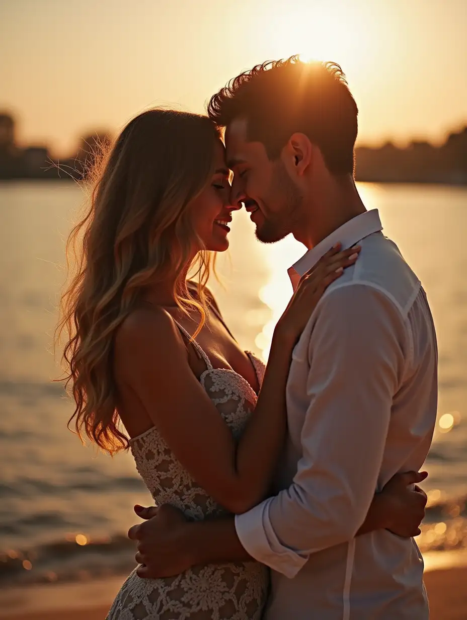 Loving Sweethearts Embracing in Sunset Glow