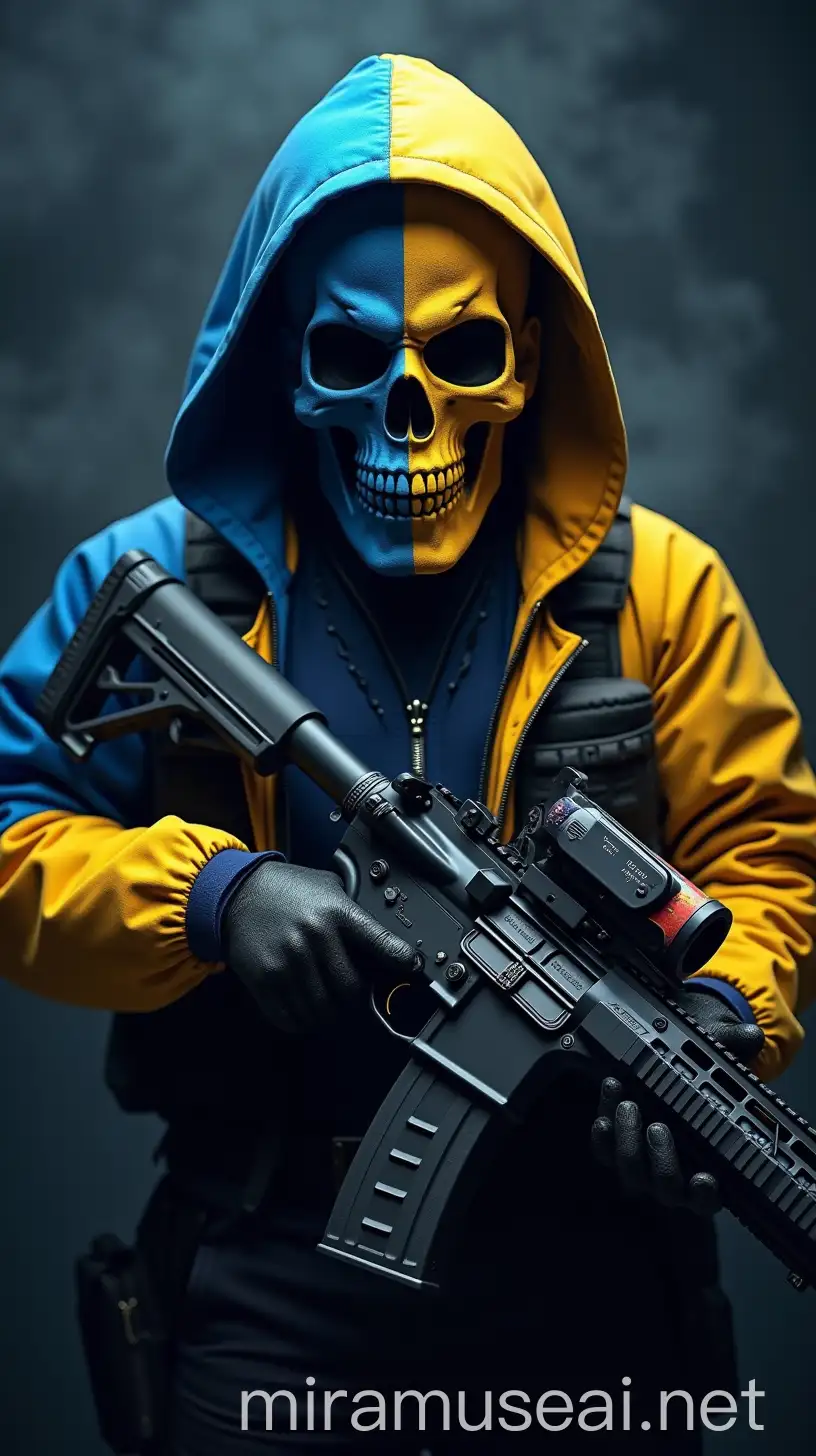 Tactical Gear Person in Blue and Yellow Hooded Jacket with Skull Mask and Rifle