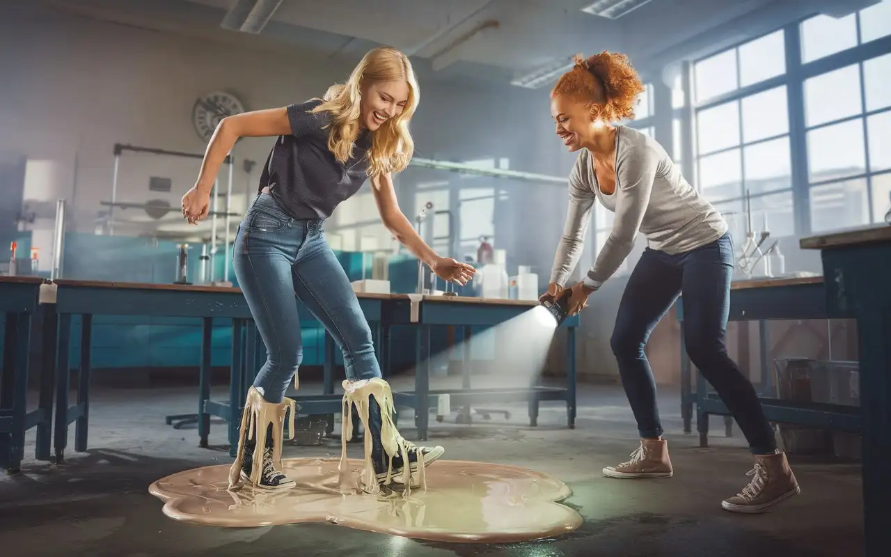 Scene: full body profile view of young blonde woman laughs as her arms and legs turn into melting white chocolate when she steps on a puddle of melted icecream in chemistry class, beside the puddle is a ginger woman shining a flashlight on the puddle,  the ginger woman is fit, natural ginger,  beautiful, young, dark cut off striped tank top and jeans shorts, pushup cleavage, eyes grey, freckles on her arms, chest and shoulders, ginger complexion, thin lips, busty, thin waist, slender frame, flat stomach, hourglass figure, wild unkempt very curly ginger hair, night, haze, her blonde girfriend is sinking deep in the puddle, watching, giggling, photorealism , img_2004.HEIC