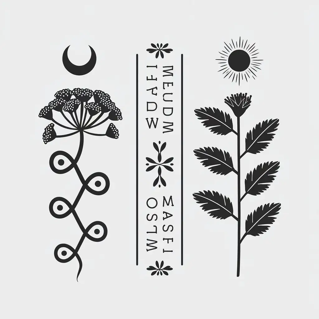 LOGO Design for Wild Wisdom Herbalism Black Vector with Yarrow and Monarda Fistulosa Plants and Celestial Elements