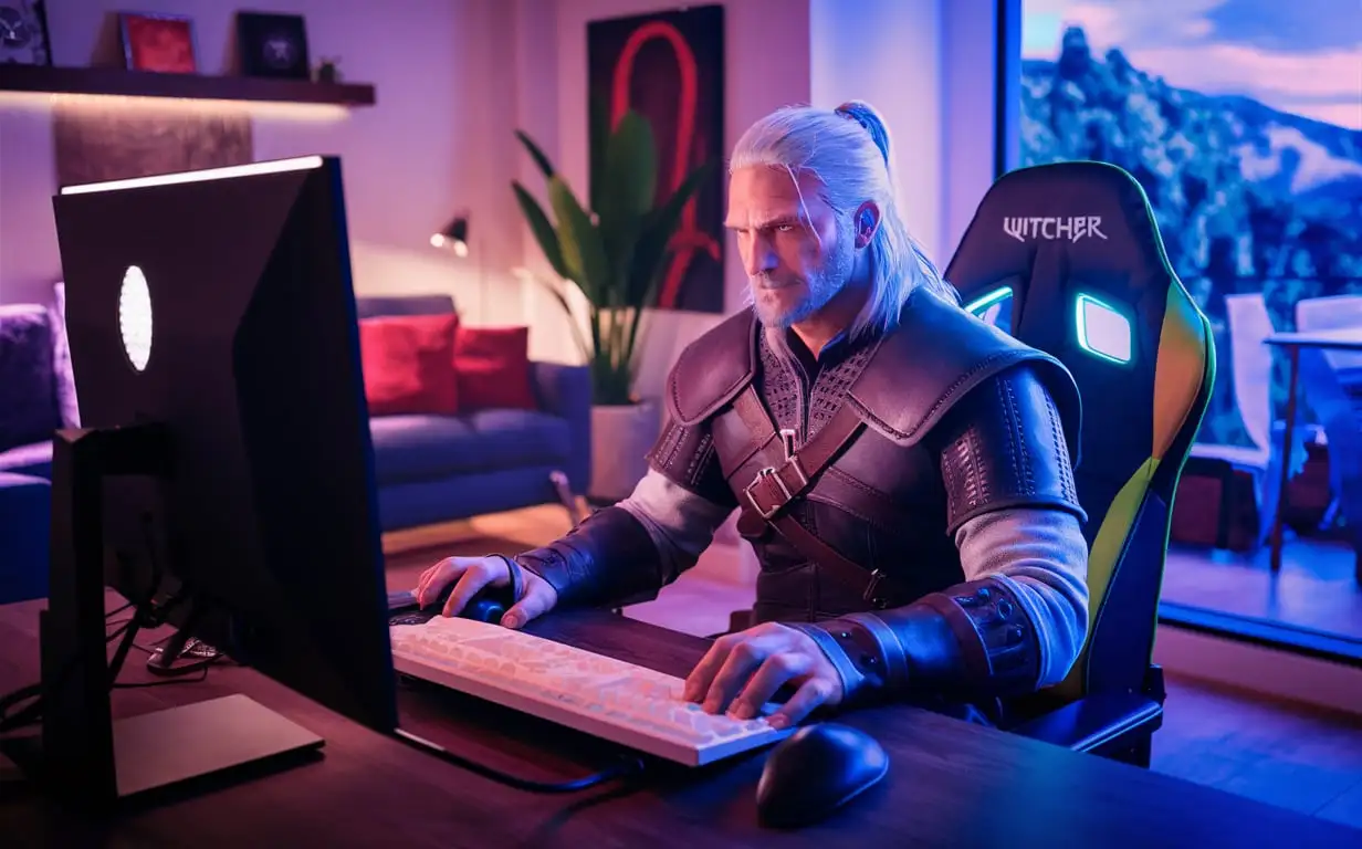 Geralt sits at the computer, plays, records a video for youtube, nice room, gaming chair with lighting