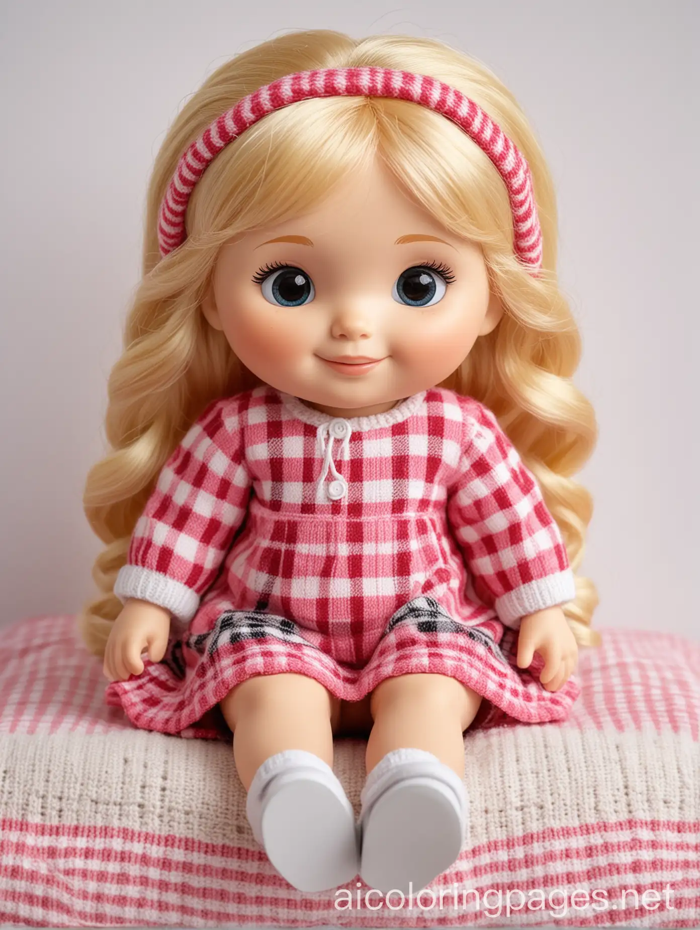 Childs-Coloring-Page-of-a-Smiling-Doll-in-Red-Checkered-Clothes