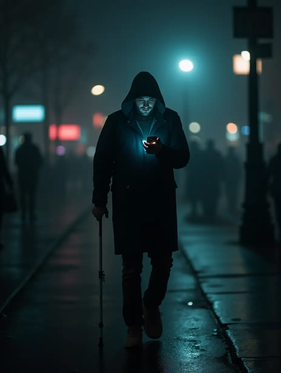 A full-body, noir-style depiction of a man walking with a white tactile cane in one hand while holding a smartphone close to his face with the other. The dimly lit urban environment is shrouded in moody shadows, with wet pavement reflecting the glow of distant streetlights and neon signs. The man wears a dark hoodie or trench coat, blending into the misty, rain-soaked streets. His face is partially illuminated by the cold, artificial glow of his phone screen, emphasizing his deep concentration and detachment from reality. The blurred background hints at a bustling but distant city, reinforcing a sense of isolation and irony. The overall mood is atmospheric, evoking themes of modern alienation and dependence on technology in a noir-inspired cinematic style