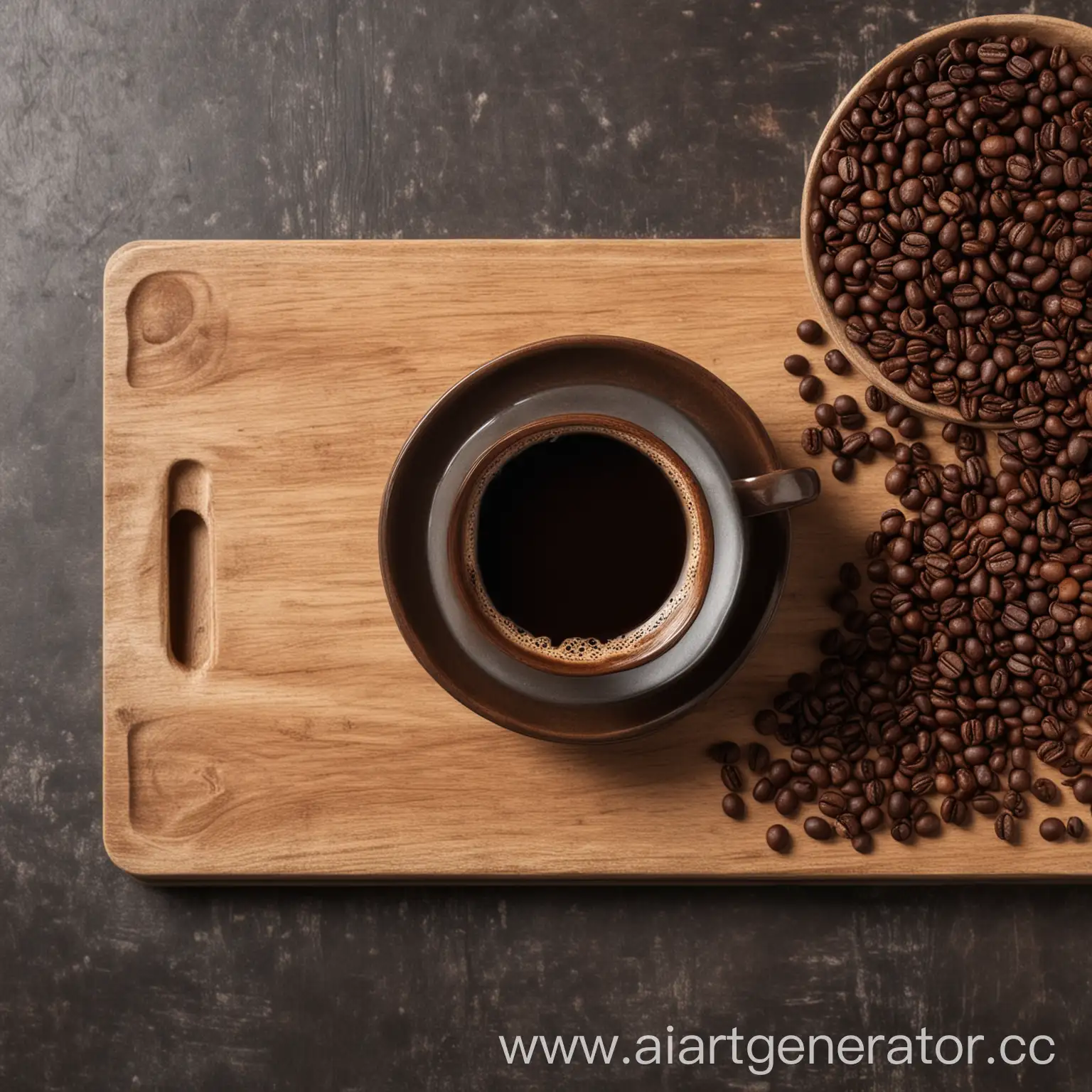 Dark-Coffee-Cup-with-Saucer-on-Wooden-Board-Near-Coffee-Beans