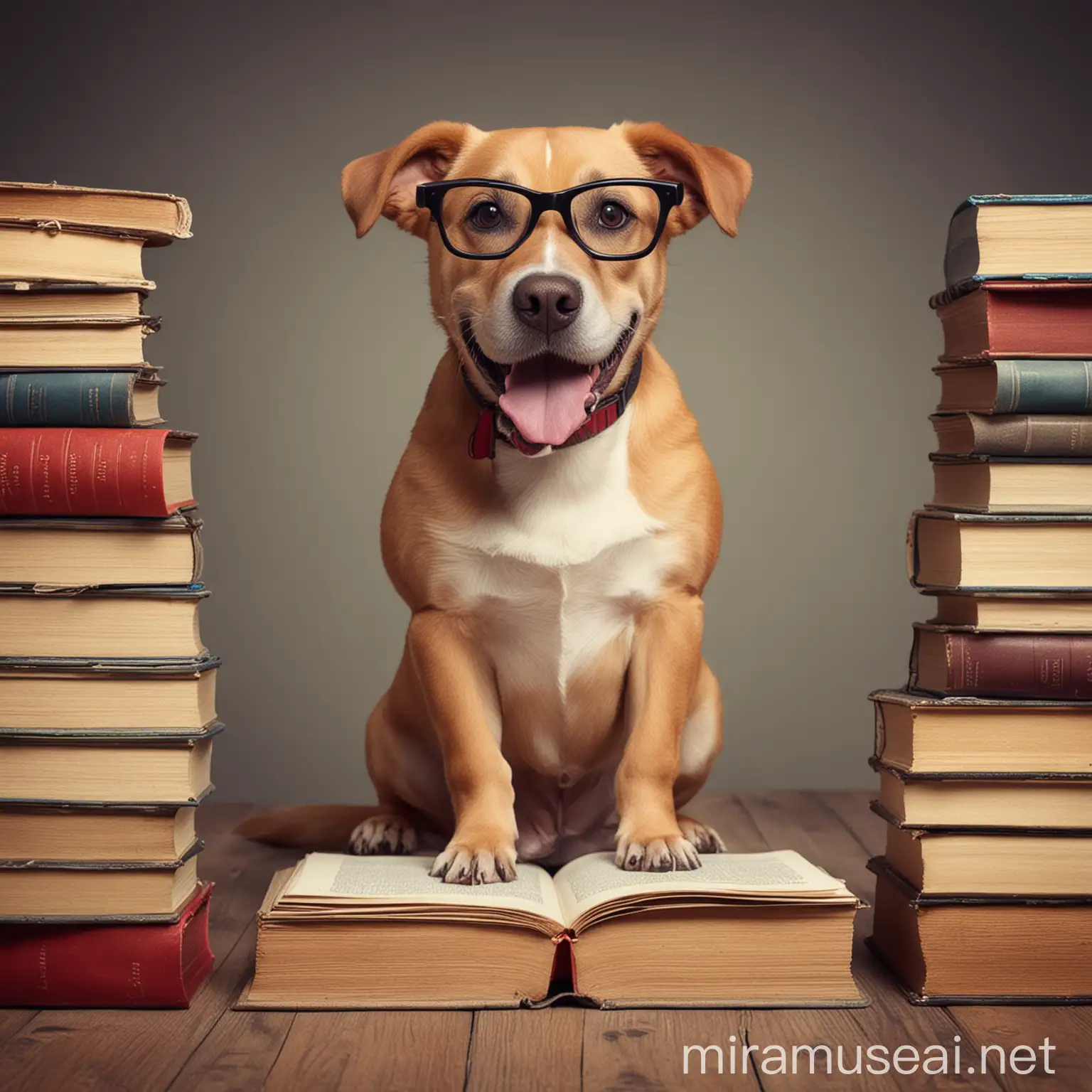 Funny Dog Surrounded by Books