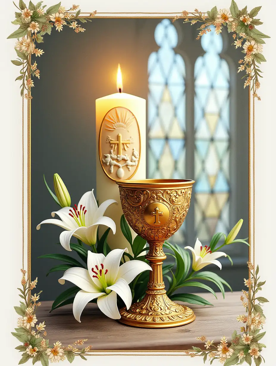 Easter Card. T The design has an ornate chalice in the centre with white lilies beside it. behind the chalice to the left is an ornate easter paschal candle with a wax relief on it with a lamb and cross. In the background is a beautiful stained glass church window. The card has a border with very small wild flowers