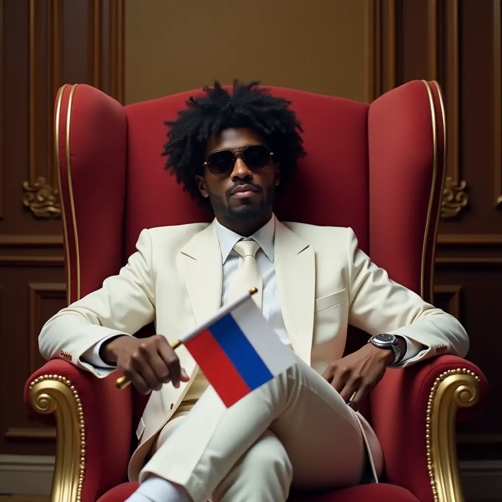 a man with curly black hair, skin color is black, wearing black sunglasses, in a white suit, white tie, white sneakers, holding the flag of the Russian Federation, sitting in a soft red armchair with a gold outline, the background is a rich room