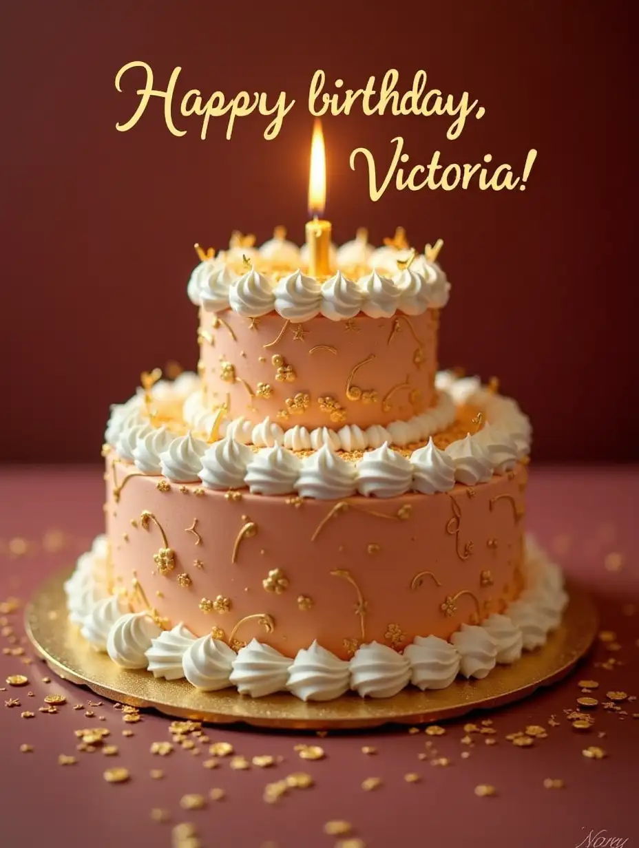 Congratulations 'Happy birthday, Victoria!' on the background of a luxurious holiday cake in gold setting.