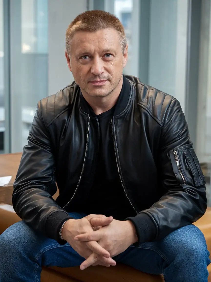 In memory of Vladislav Galkin. The photograph features Vladislav Galkin, who is turning 53 today. For his age, he has aged well and looks about 40. He is sitting in a photo studio for a photoshoot in his black leather bomber.