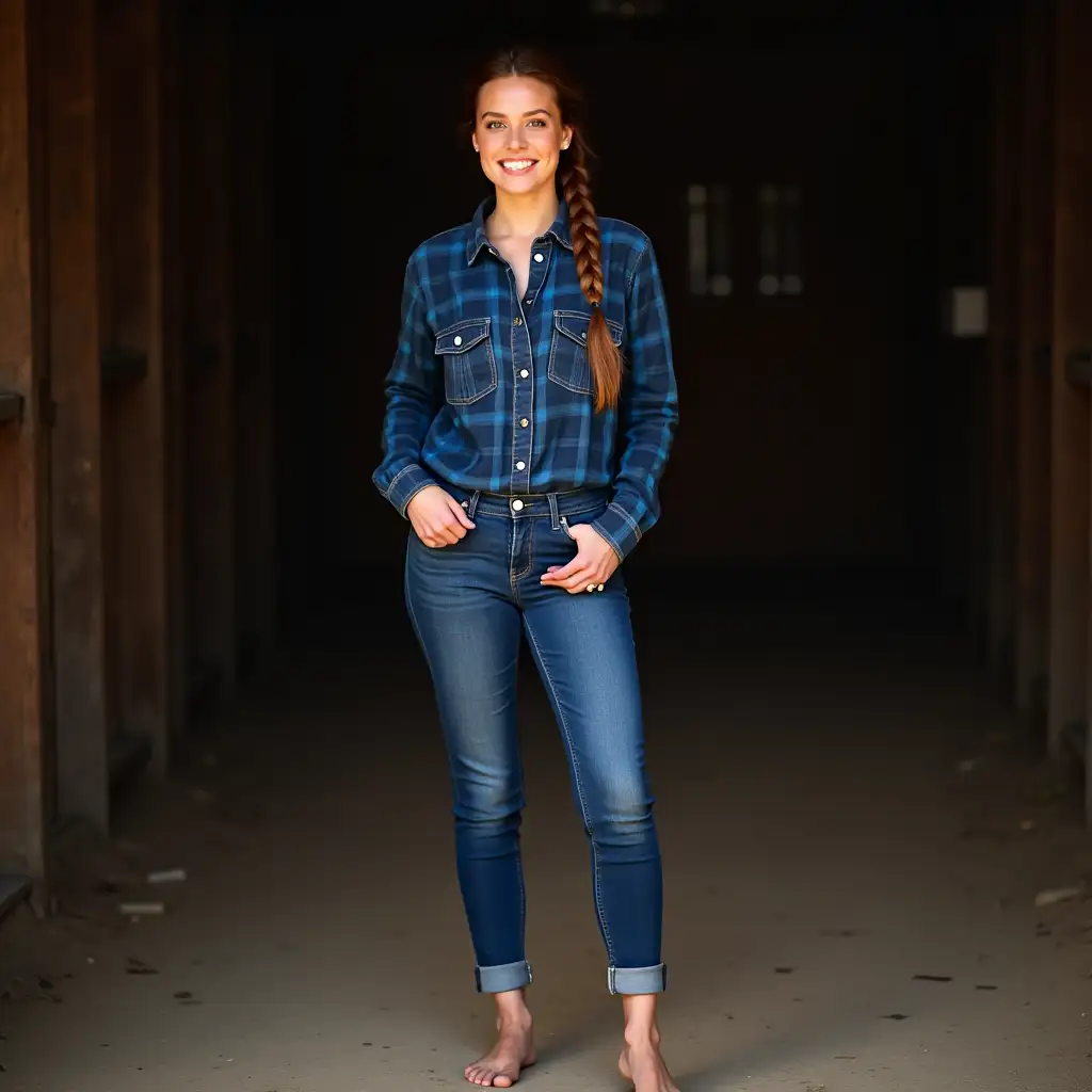 Beautiful-Woman-in-Blue-Flannel-Shirt-and-Jeans-Standing-in-Barn