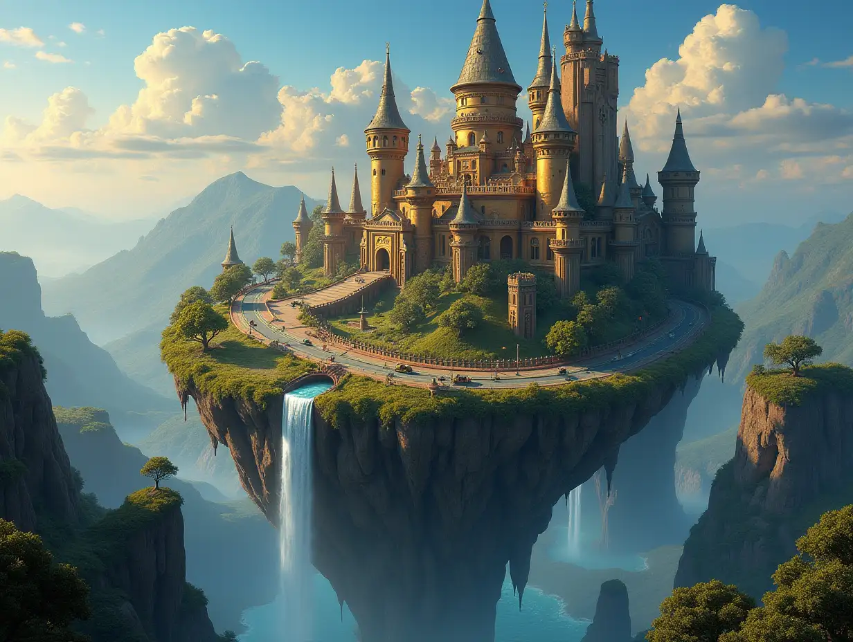 A Fantasy-style floating island world with a gold castle, bronze towers, copper gears, bronze turrets, streets with glowing lanterns and cars with glowing headlights, trees, water with waterfall, clear sky without clouds, Steampunk panorama