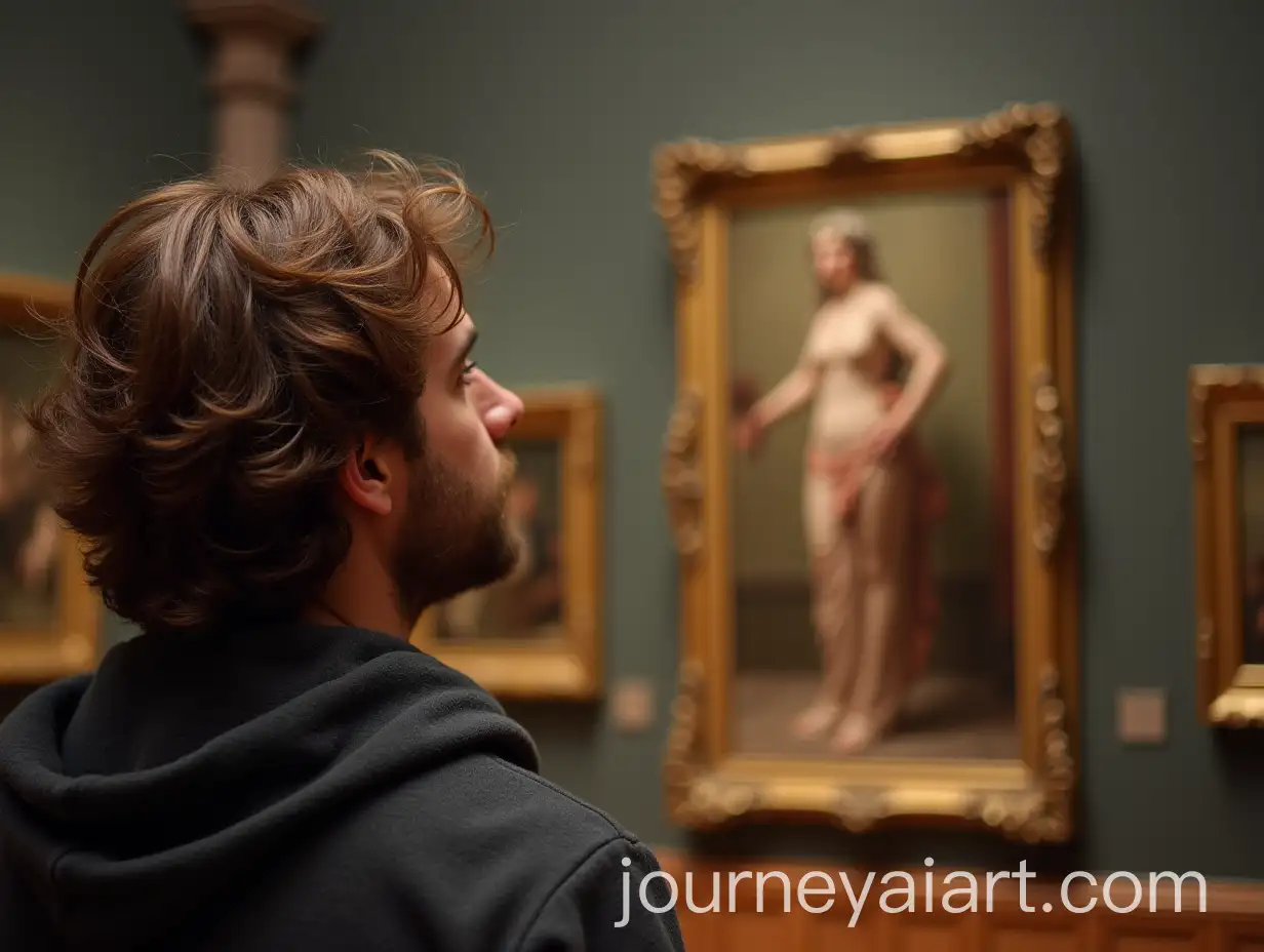 Man-Admiring-Painting-of-Sculptor-Creating-Statue-of-Woman-in-Museum