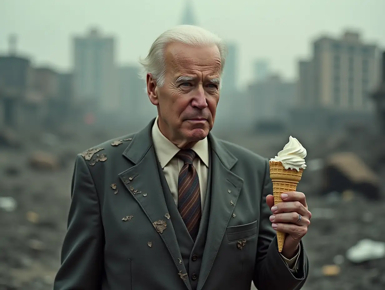 Dirty Joe Biden stands in the ashes of a destroyed city blurred in the background, wearing a dirty, battered suit with tie, his hair is scattered, has a confused, depressed expression on his face. In his right hand he holds a melting ice cream in the cone. High quality, photorealistic, 4K resolution