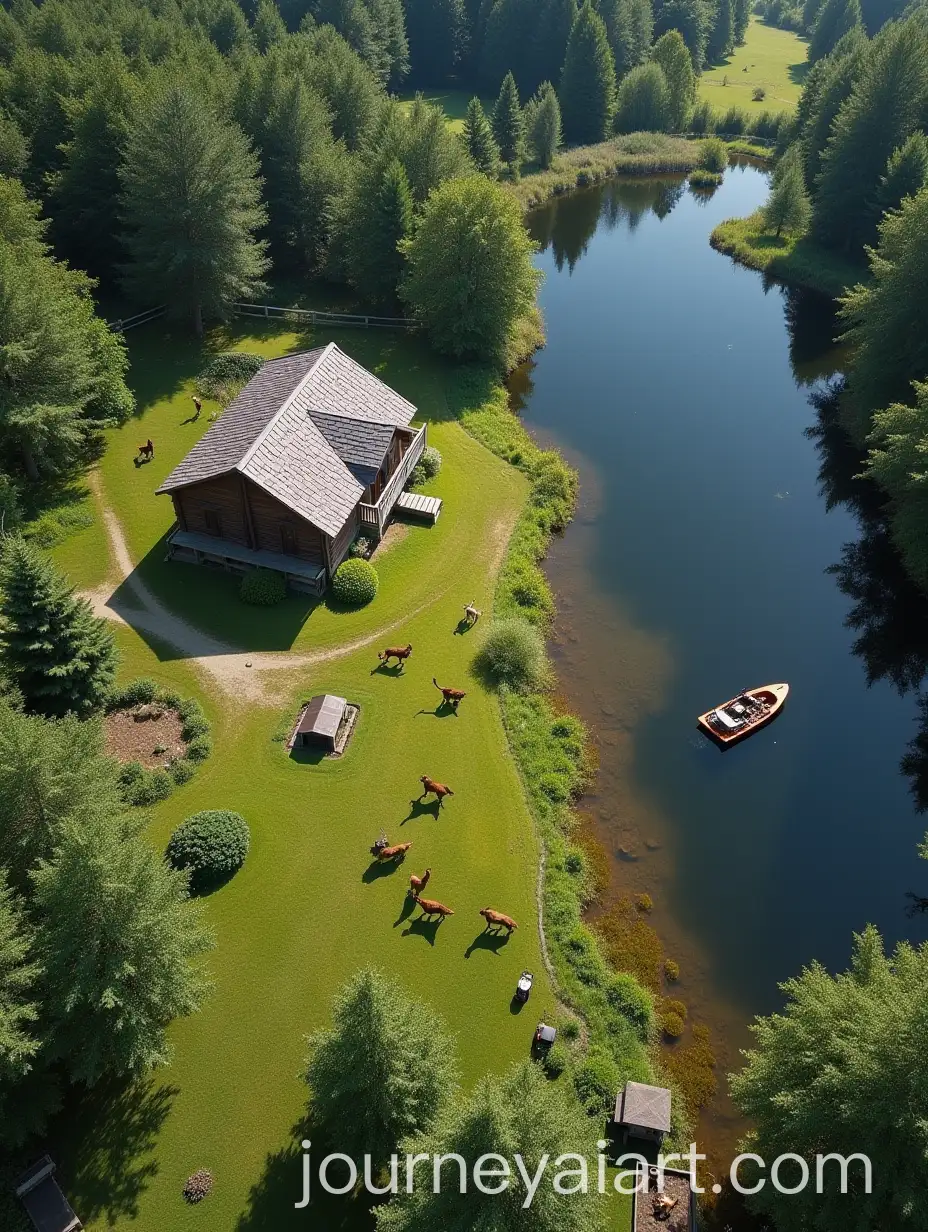 Birds-Eye-View-of-a-Picturesque-Homestead-with-Lake-Garden-and-Animals-in-Summer