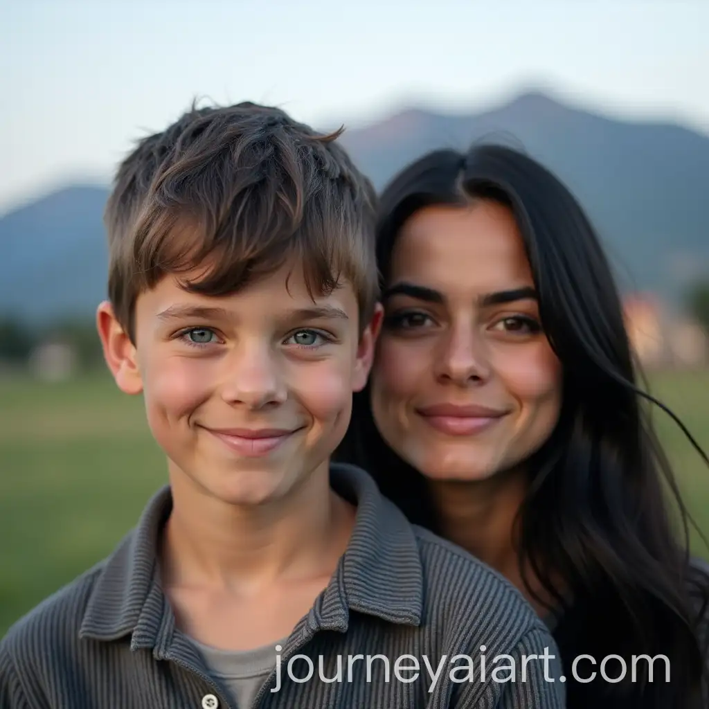 Young-Boy-with-Blue-Eyes-and-His-Mother-Against-a-Mountain-Village-Background