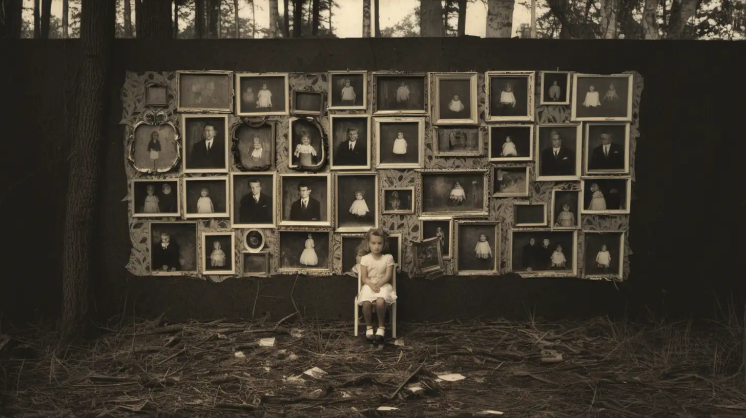 Abandoned Forest Wall with Vintage Portraits Haunting Scene