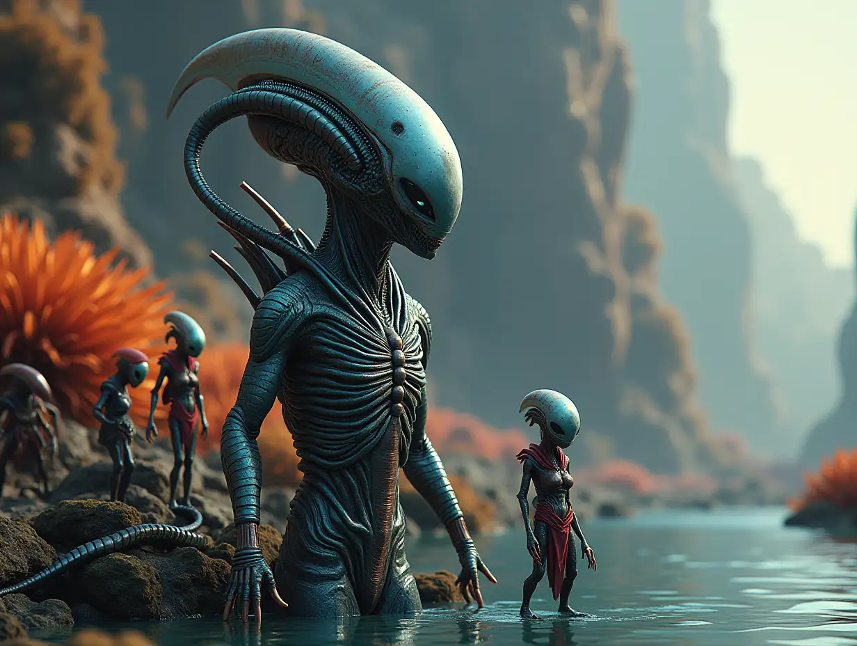 Hyperrealistic portrait of a 15 meter tall Metal Alien King with different small aliens with hair with a elaborately detailed, colorful water planet with plant background