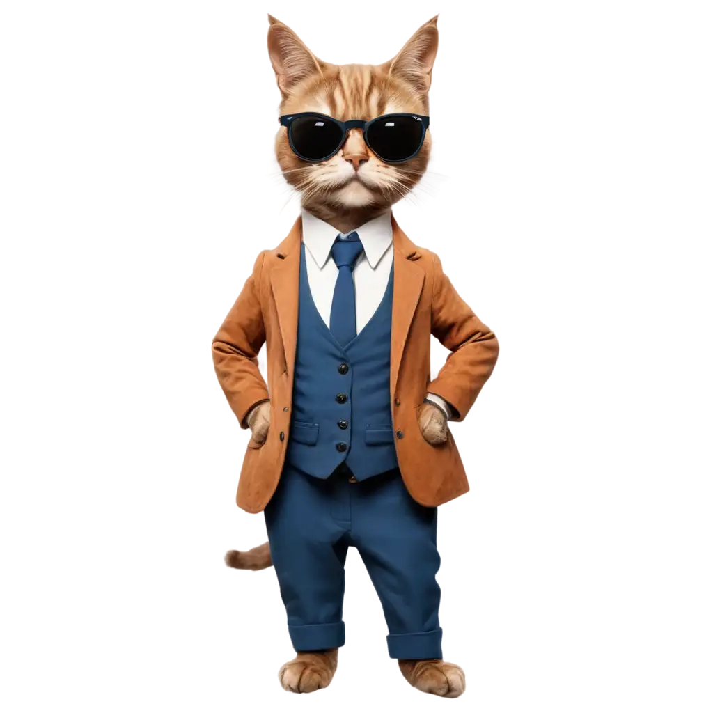 a stylishly dressed cat with a human body and sunglasses