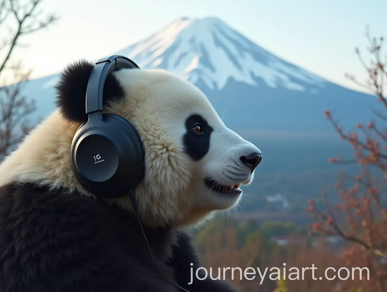 Panda-Listening-to-Music-with-Headphones-Against-Mount-Fuji-Background