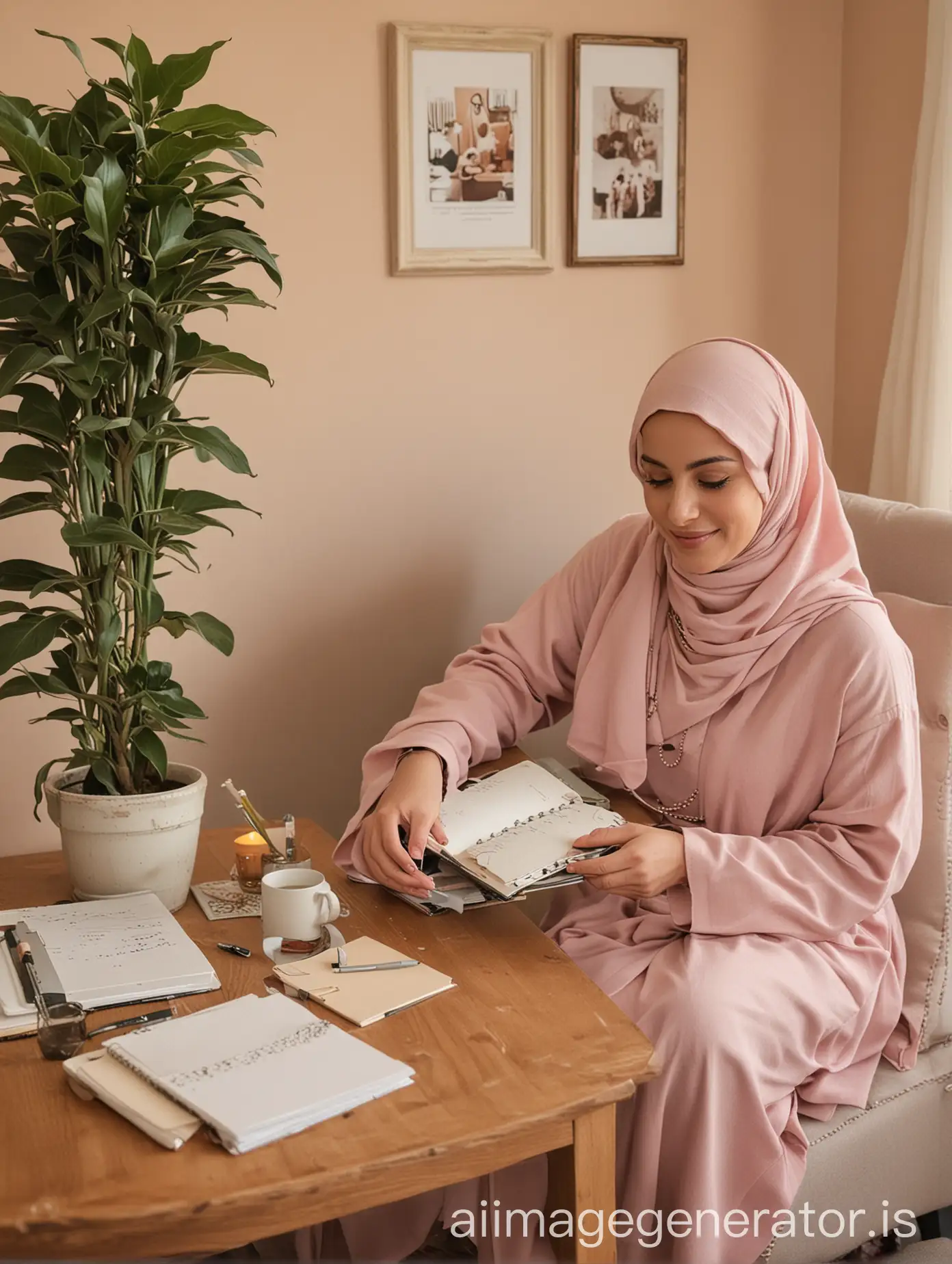 hijabi woman in her 30s sits in a cozy, well-lit corner of her home decorated in soft, cheerful nude tones (like dusty pink, ivory, and warm beige). In front of her is a tidy wooden table with an open file showing a weekly educational plan for her child, along with a notebook where she’s jotting down ideas. She’s attending an online parenting consultation, with a friendly advisor visible in the corner of her laptop screen. On the table, there's a warm cup of coffee or fresh juice, a water bottle, and a small potted plant adding a lively touch to the scene. A few educational tools, such as illustrated flashcards or a small block toy, are also present. The background is simple and organized, featuring a bookshelf or a calm wall frame—creating a warm and supportive environment for the mother.