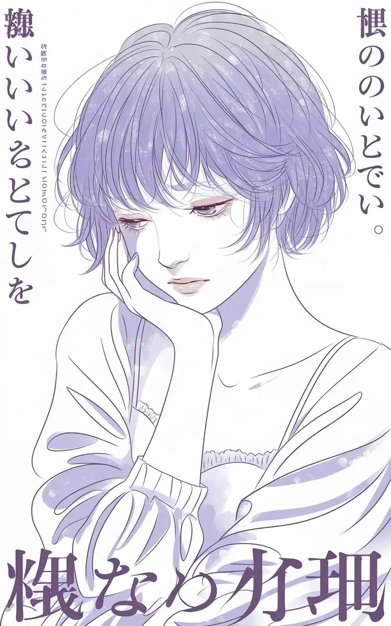 Minimalist-MangaStyle-Artwork-of-a-Contemplative-Woman-in-Shades-of-Purple-and-Blue