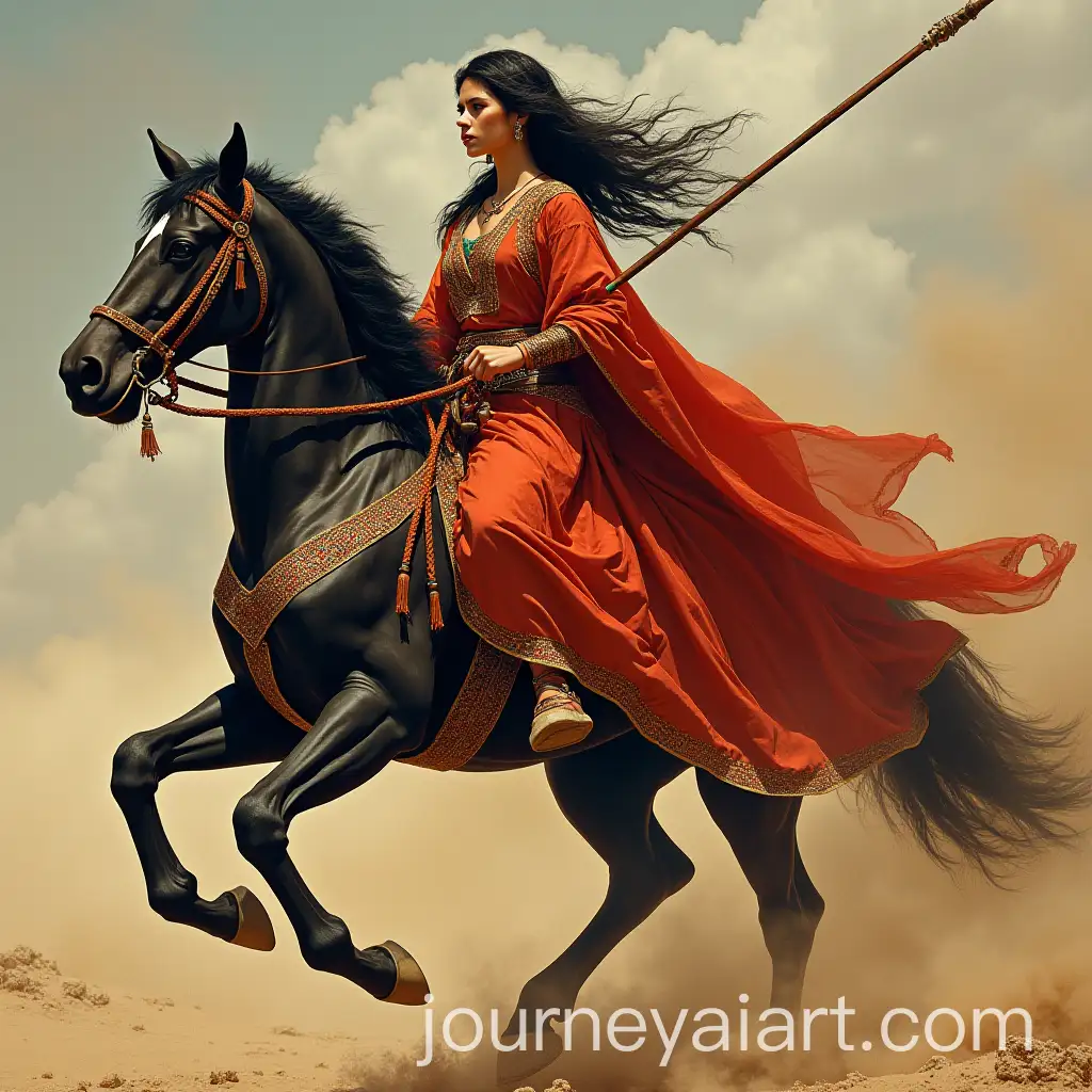Ancient-Persian-Woman-Riding-Embroidered-Black-Horse-with-Spear