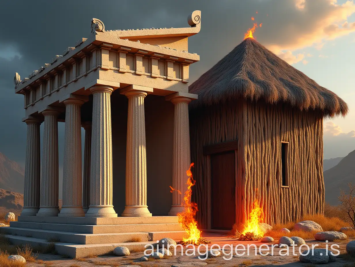 I want an image divided into two parts, on the left side of the image I want a temple of Greek art such as those that existed in the ancient city of Corinth made of large marble stones and adorned with silver and gold. On the right side a hut made of wood and thatched roof that is on fire with fire.